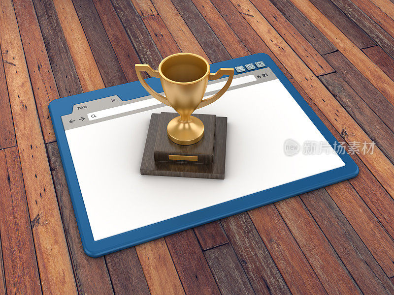 网页浏览器与奖杯木地板背景- 3D渲染